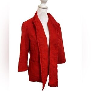 Chicos red blazer woven blazer tweed tasseled open contemporary office work m
